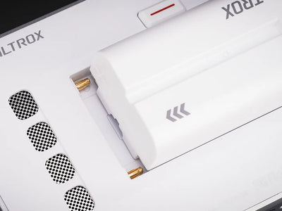 Viltrox DC-V1 white, close-up of NP-F battery fitted to the back plate