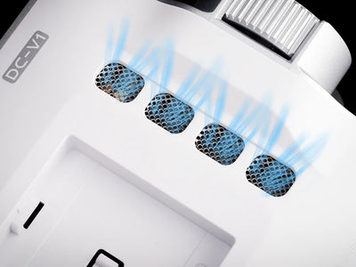 Viltrox DC-V1 white cooling vents with active fan airflow illustration
