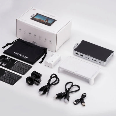Viltrox DC-V1 white monitor kit: box, sunhood, battery, cables, mount and pouch