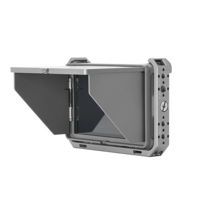 Viltrox DC-X 6 inch monitor in its cage with sunshade hood fitted