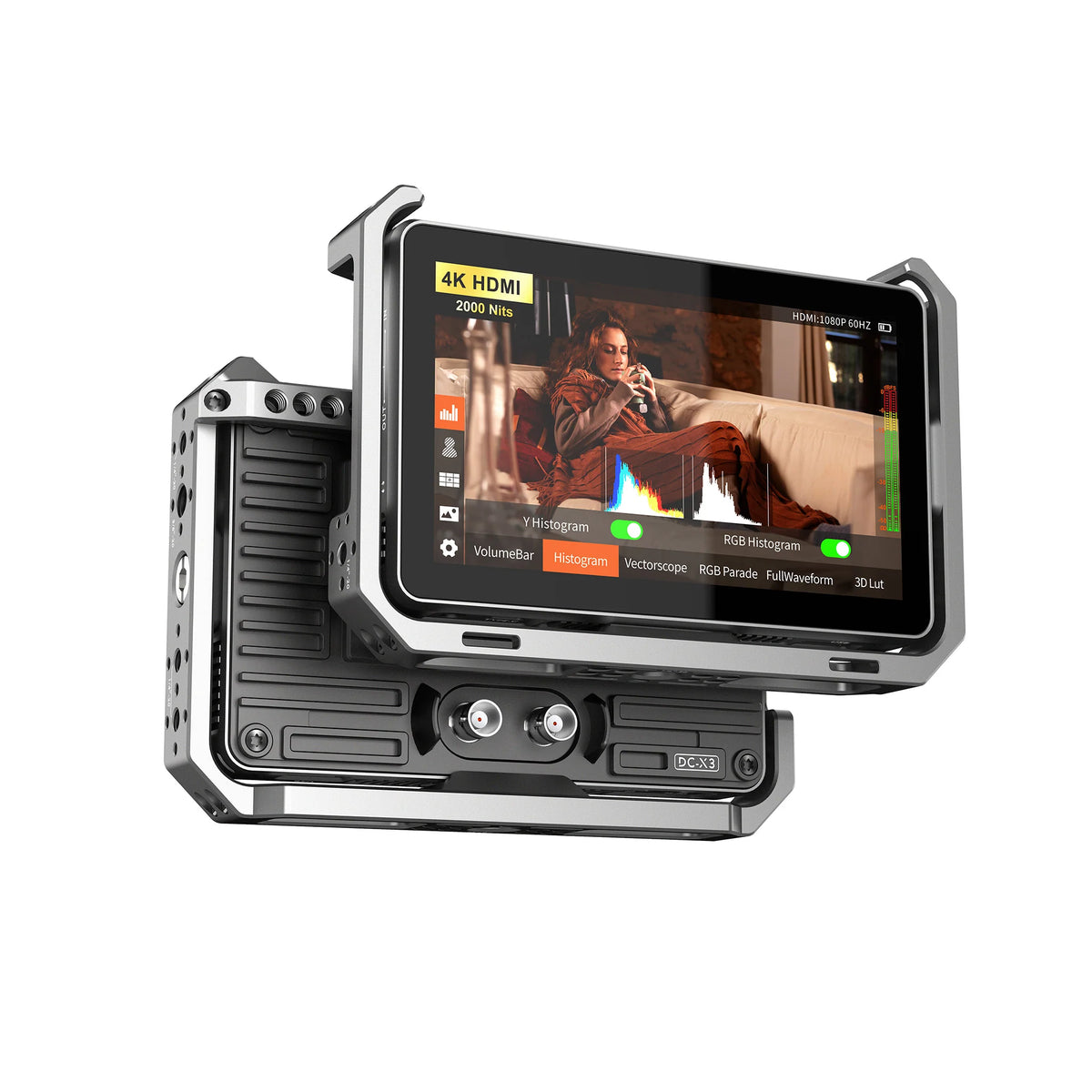 Viltrox DC-X3 6 inch 4K HDMI and SDI monitor with protective cage, front and back