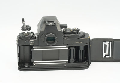 Canon New F-1 with the back open, showing the film chamber