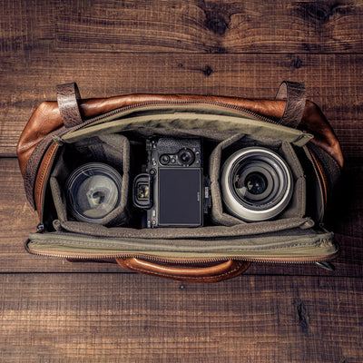 Wotancraft camera insert in a brown leather bag with camera and lenses