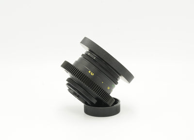 Helios 44-2 cine-modded lens, angled side view with hood and rear cap