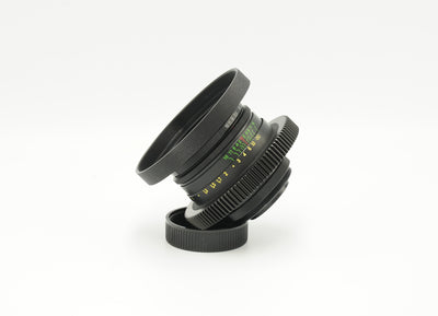 Helios 44-2 58mm cine-modded lens, side view with scales and hood