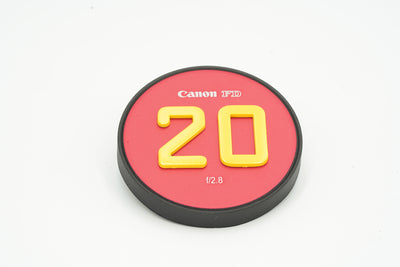 Canon FD cine mod front cap, red with yellow focal length number