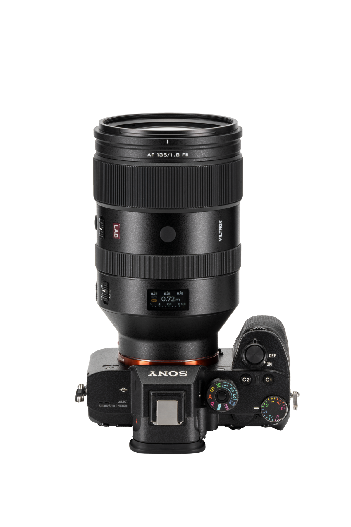 Viltrox LAB AF 135mm f/1.8 FE mounted on a Sony A7 camera, top view