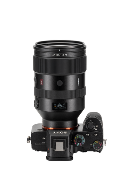 Viltrox LAB AF 135mm f/1.8 FE mounted on a Sony A7 camera, top view