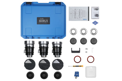 Sirui IronStar anamorphic 3-lens kit contents: case, lenses, mounts, caps and tools
