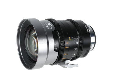 Sirui IronStar 35mm T1.9 anamorphic lens, angled view of the front element