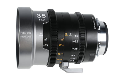 Sirui IronStar 35mm T1.9 anamorphic lens, side view with focus and iris scales