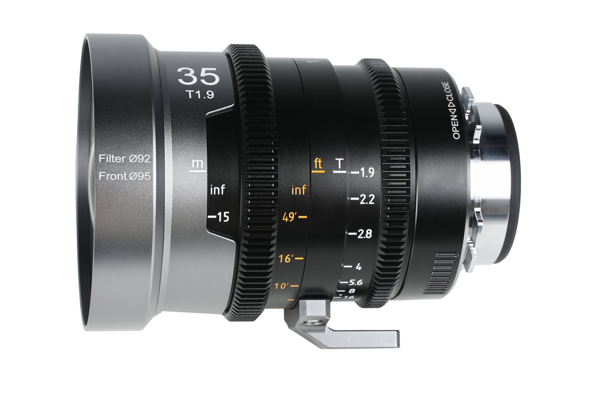 Sirui IronStar 35mm T1.9 anamorphic lens, side view with focus and iris scales