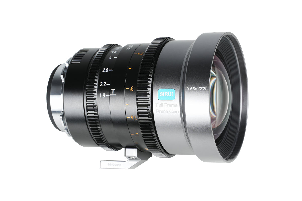 Sirui IronStar 35mm anamorphic lens, angled front view with logo badge