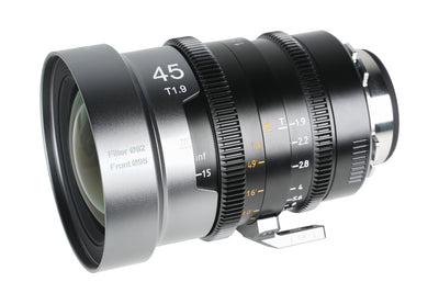 Sirui IronStar 45mm T1.9 anamorphic lens, angled view with 92mm filter thread