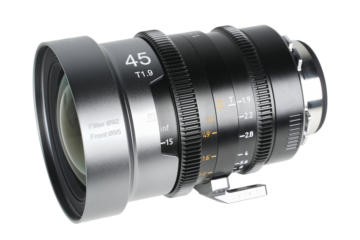 Sirui IronStar 45mm T1.9 anamorphic lens, angled view with 92mm filter thread