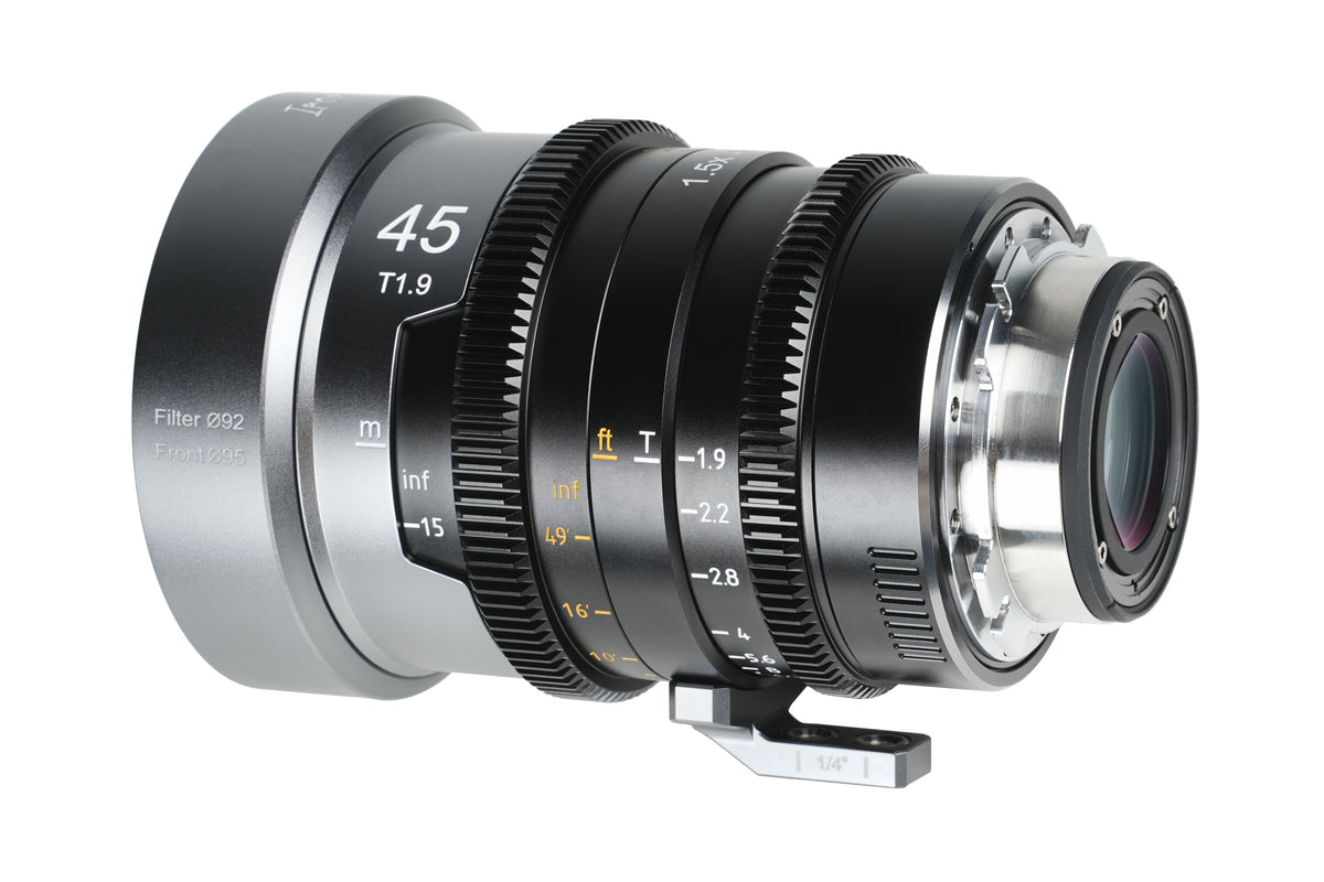 Sirui IronStar 45mm 1.5x anamorphic lens, rear angle with mount and gear rings