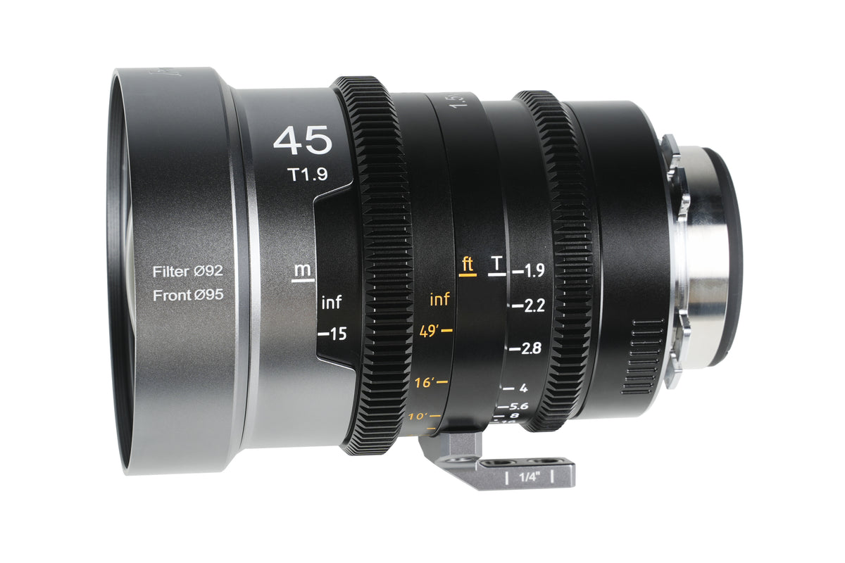 Sirui IronStar 45mm T1.9 anamorphic cine lens, side view with focus scale in feet and metres