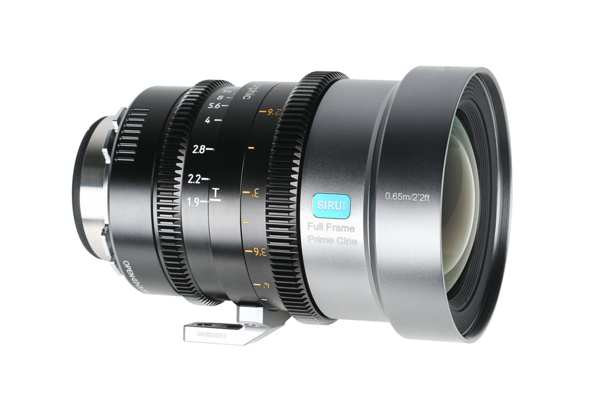 Sirui IronStar 45mm T1.9 full-frame anamorphic lens, side view with Sirui badge