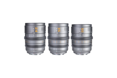 Sirui Vision Prime 24mm, 35mm and 50mm T1.4 full-frame cine lenses in grey