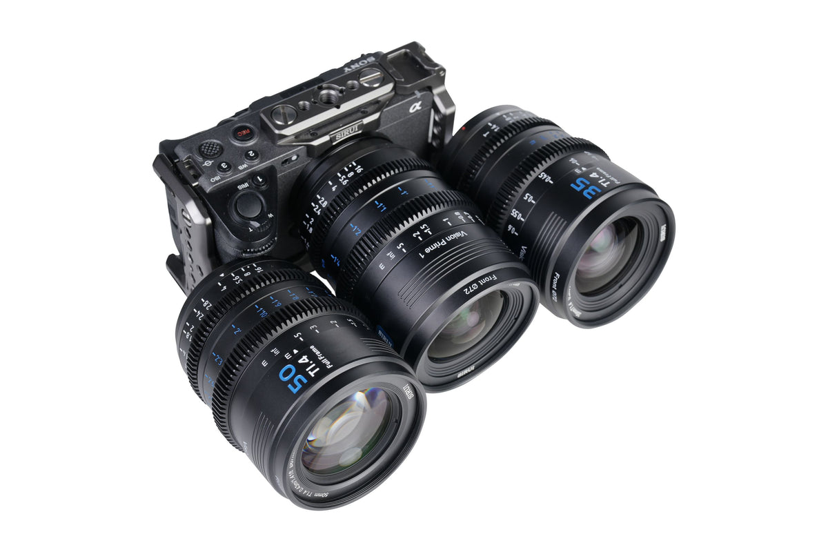 Sirui Vision Prime 24, 35 and 50mm T1.4 black cine lenses with a Sony FX3 cinema camera