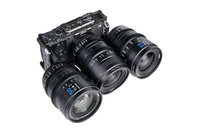 Sirui Vision Prime 24, 35 and 50mm T1.4 black cine lenses with a Sony FX3 cinema camera