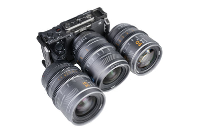 Sirui Vision Prime 24, 35 and 50mm T1.4 grey cine lenses with a Sony FX3 cinema camera