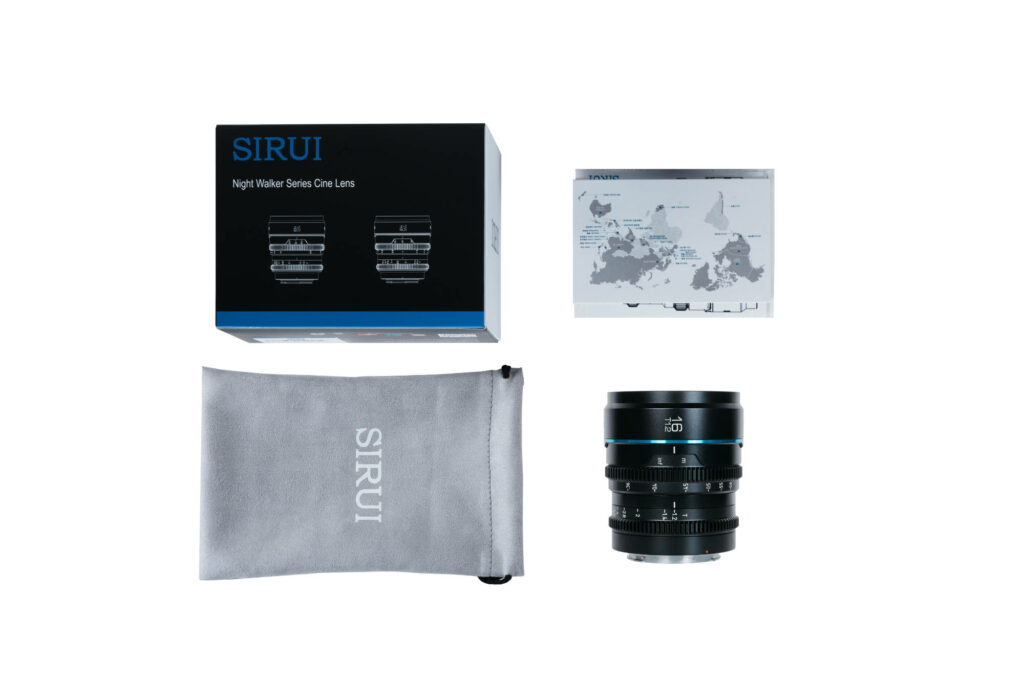 Sirui Night Walker cine lens kit: box, pouch, lens and manual