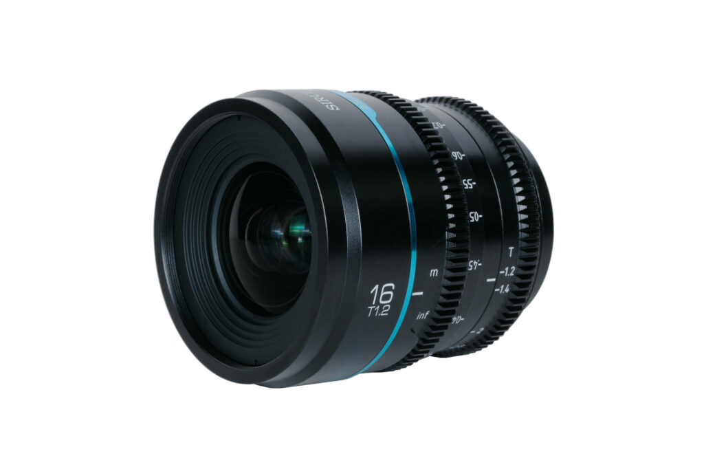 Sirui Night Walker 16mm T1.2 cine lens, angled view of the front element