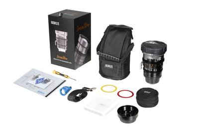 Sirui IronStar 35mm box contents: lens, pouch, caps, gear rings, tools and manual