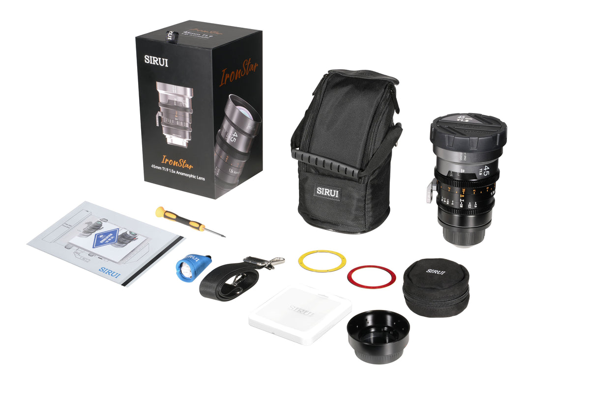Sirui IronStar 45mm T1.9 anamorphic lens kit: box, pouch, flare rings, caps and tools
