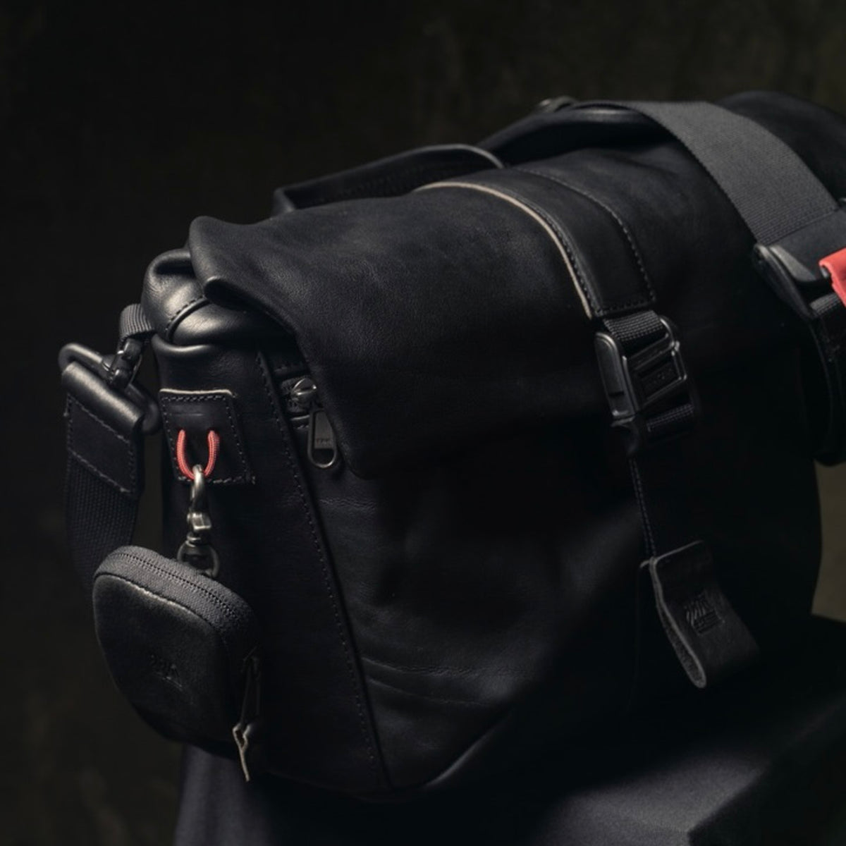 Wotancraft Pilot black leather bag with key pouch clipped to the side