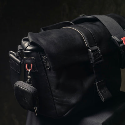 Wotancraft Pilot black leather bag with key pouch clipped to the side