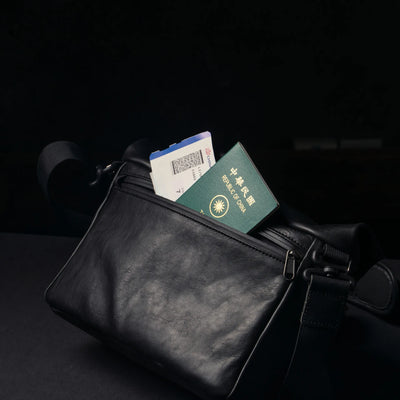 Wotancraft Pilot black leather bag rear pocket with passport and boarding pass