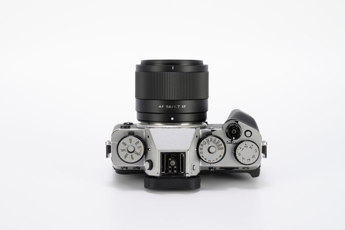 Viltrox Air AF 56mm f/1.7 XF on a silver Fujifilm X-T5, top view