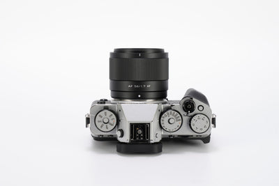 Viltrox Air AF 56mm f/1.7 XF on a silver Fujifilm X-T5, top view