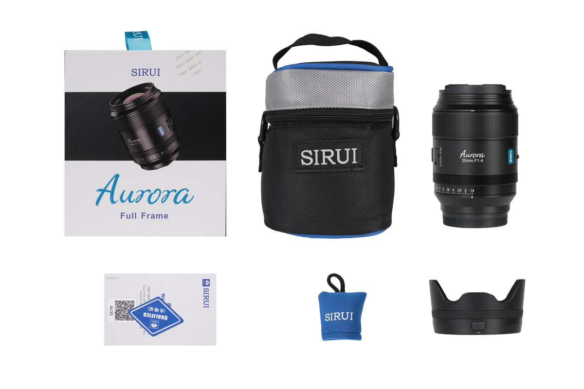 Sirui Aurora 35mm f/1.4 box contents: lens, pouch, hood, cleaning cloth and manual