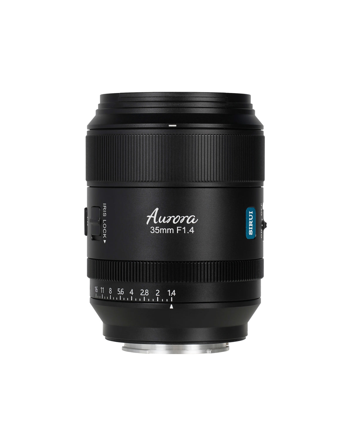 Sirui Aurora 35mm f/1.4 lens, front view with iris lock and aperture ring