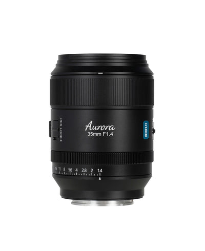 Sirui Aurora 35mm f/1.4 lens, front view with iris lock and aperture ring