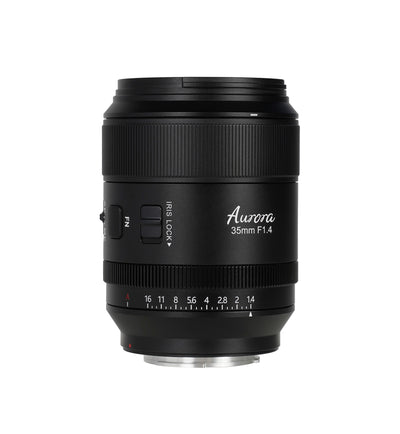 Sirui Aurora AF 35mm f/1.4 side view with Fn button and iris lock switch