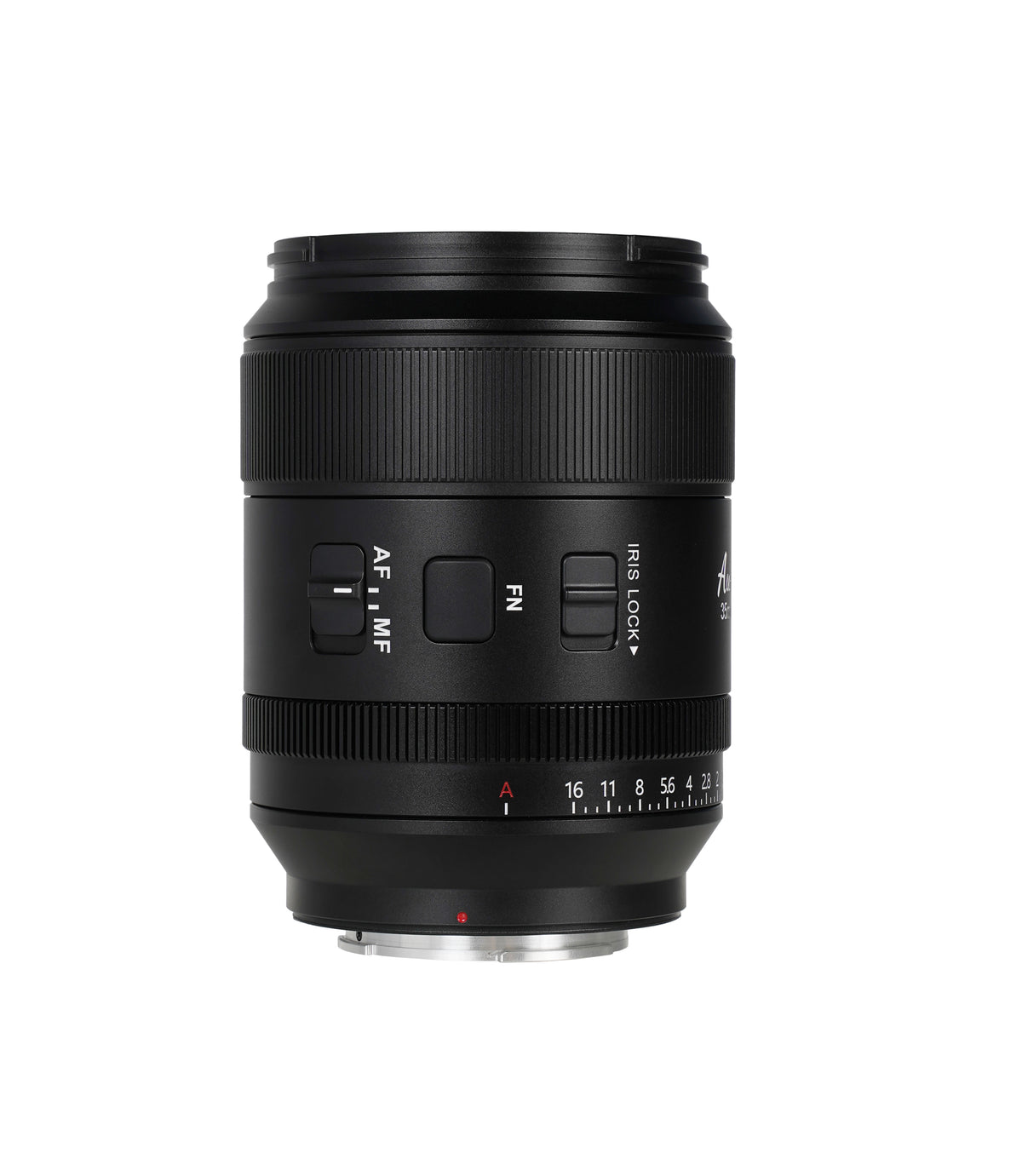 Sirui Aurora 35mm f/1.4 lens, side view of the AF/MF switch and aperture ring