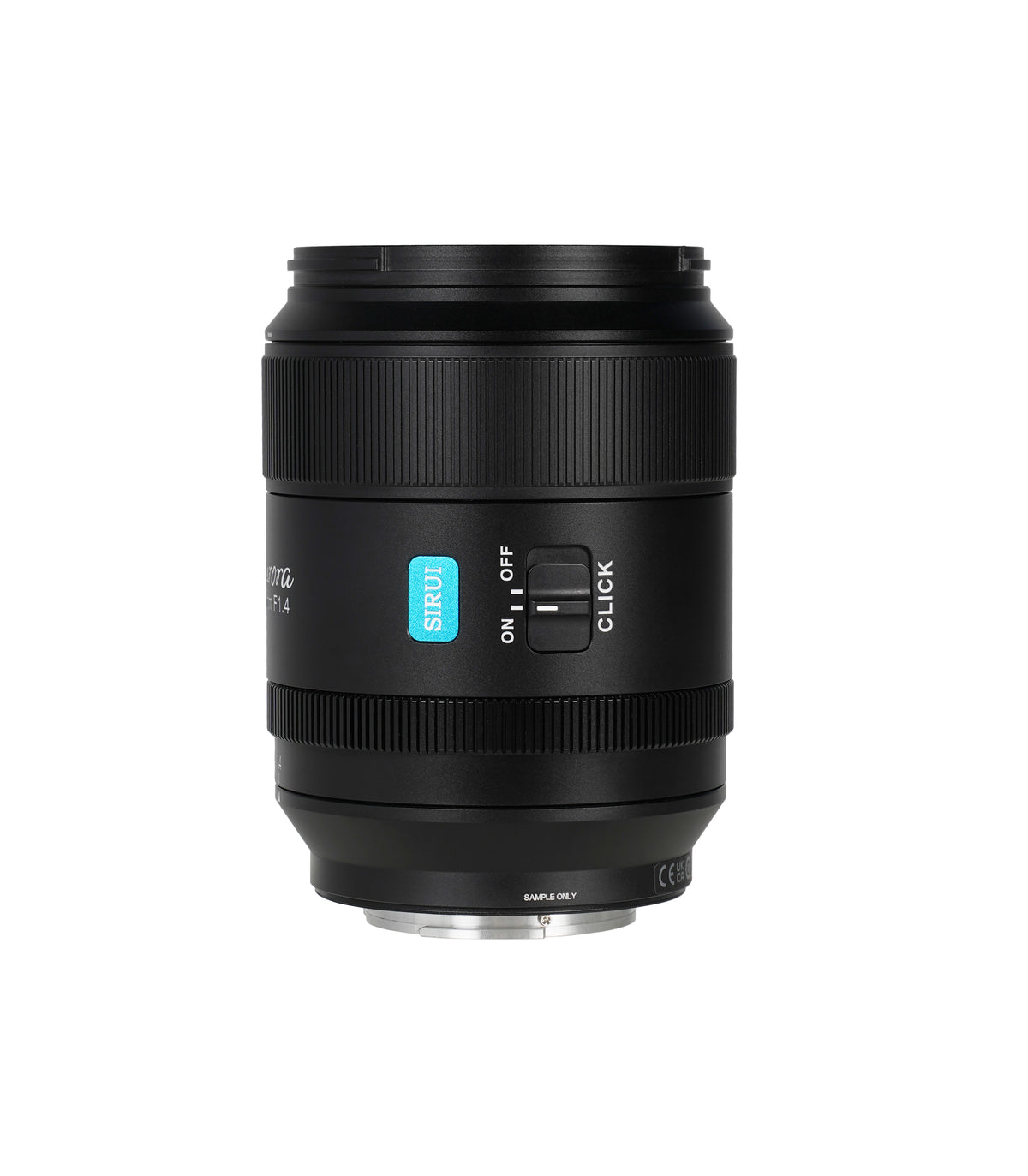 Sirui Aurora 35mm f/1.4 lens, side view of the aperture click on/off switch