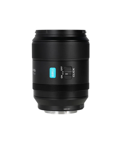 Sirui Aurora 35mm f/1.4 lens, side view of the aperture click on/off switch