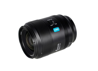 Sirui Aurora AF 35mm f/1.4 full-frame lens, angled view with click switch