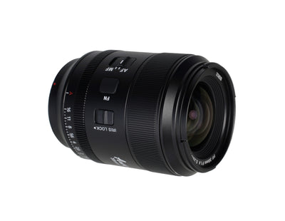 Sirui Aurora AF 35mm f/1.4 lens, angled view of the AF/MF switch, Fn button and iris lock