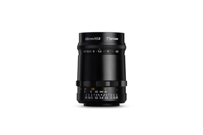 TTArtisan 100mm f/2.8 bubble bokeh lens, side view with focus and aperture scales