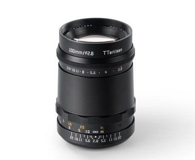 TTArtisan 100mm f/2.8 bubble bokeh lens, M42 mount, front three-quarter view