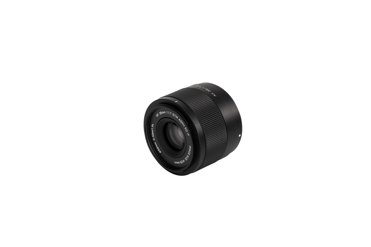 Viltrox Air AF 35mm f/1.7 compact APS-C lens, angled view of the front element