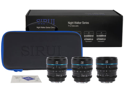 Sirui Night Walker T1.2 cine lens set with retail box and carry case