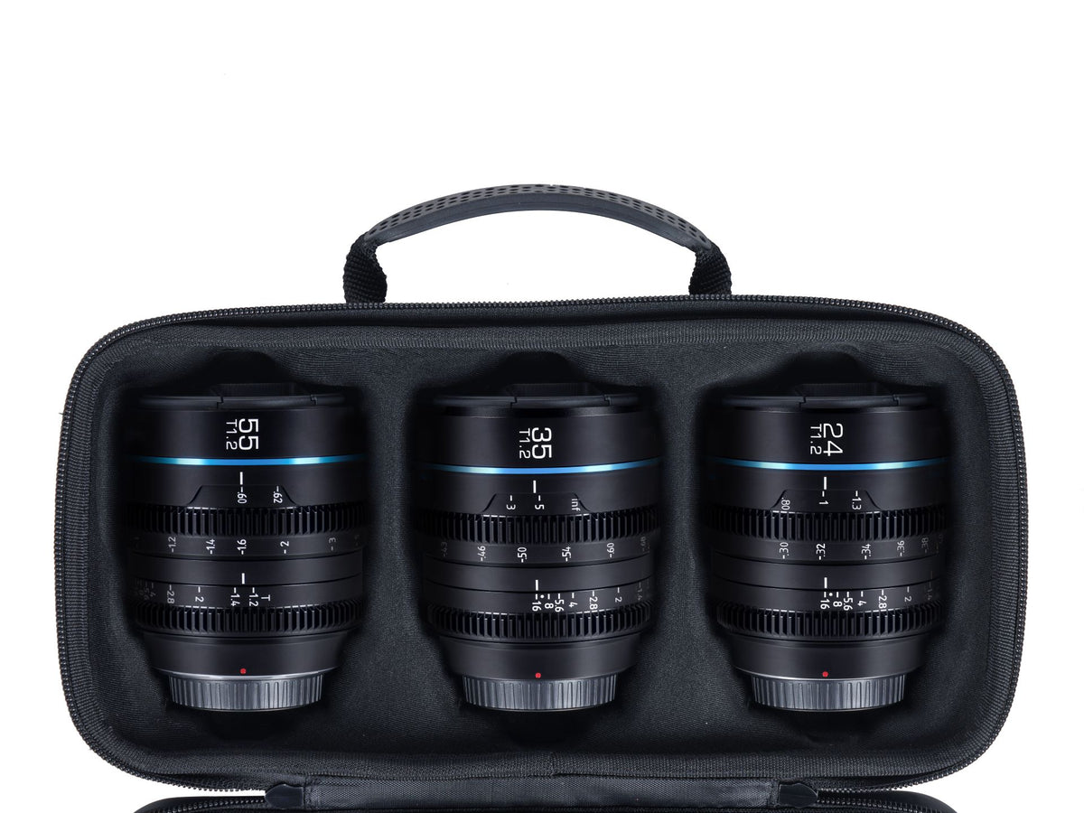 Sirui Night Walker 24, 35 and 55mm T1.2 S35 cine lens set in its carry case