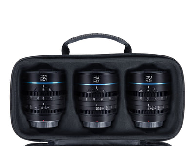 Sirui Night Walker 24, 35 and 55mm T1.2 S35 cine lens set in its carry case